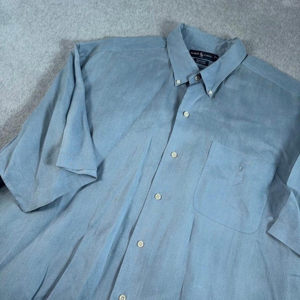 Ralph Lauren Marlowe Shirt Mens XL Blue Solid 100% Linen SS Button Down